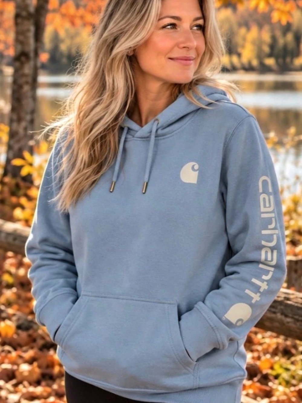 Carhartt Women’s Relaxed Fit Logo Sleeve Hoodie Light Blue Small